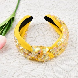 Yellow Sequin Knot Headband Glitter Twist Knot Headband for Women Girls Sparkly Knotted Hair Bands for Thick Fine Hair Twisted Sequin Hairband for Party Prom Costume Yellow Headpiece Headdress