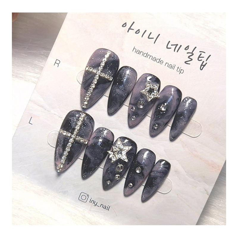 [In-Store Special Discount]Y2K Blackpink Cosmic Cross Nail Tips - Short