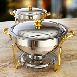 Chafing Dishes for Buffet 2 Pack, 5QT Round Chafing Dish Buffet Set [Elegant Gold and Silver Colors] Stainless Steel Buffet Food Warmers Sets for Catering Events Parties Dinners with Complete Set