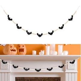 4.67 Ft Black Felt Bat Wood Beads Garland，Bats Walls Hanging Halloween Decorations,Bat Wooden Beads Garland for Fireplace Mantel Indoor Haunted House Decor Wall Indoor