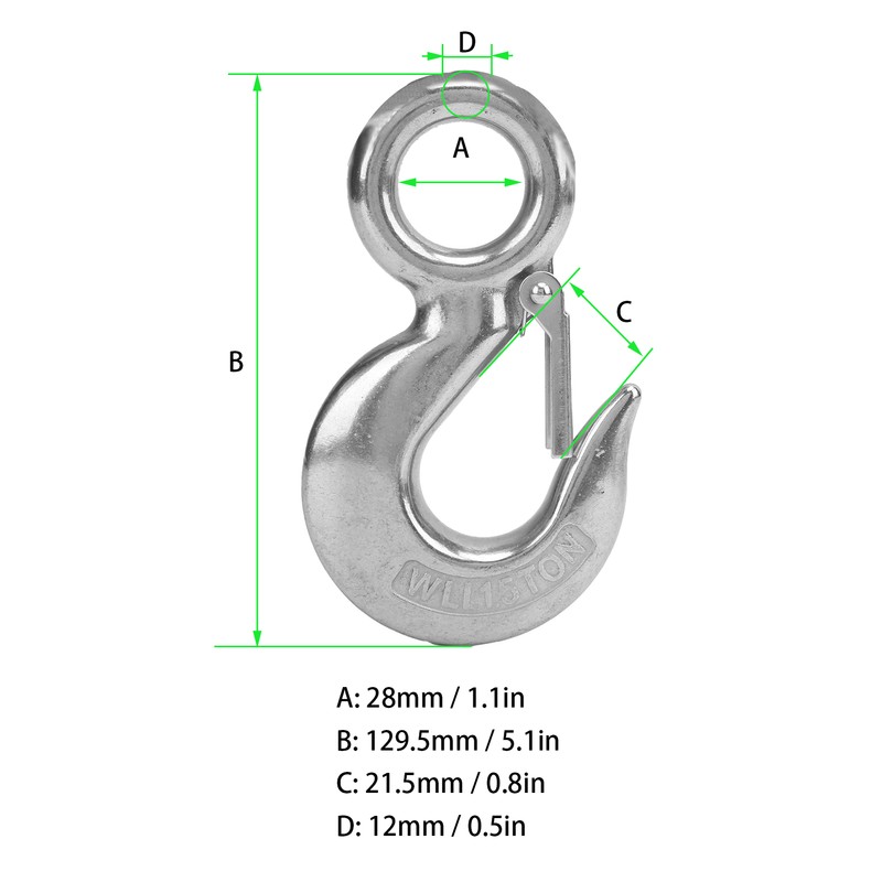 2pcs 1.5 Tons Eye Slip Hook with Safety Latch Stainless
