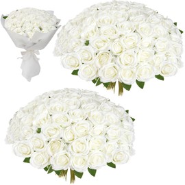 Fanfantoey White Roses Artificial Flowers Bulk, 52Pcs Fake Roses Flower Arrangement, DIY Silk Flowers Roses Bouquet, Realistic Faux Artificial Roses for Mother's Day Home Table Decor