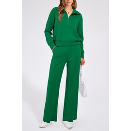PRETTYGARDEN Women 2 Piece Tracksuit Casual Half Zip Lapel Pullover Sweatshirt Long Pants Sweatsuit Set (Green,Small)