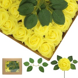 WANTMAZOR Artificial Flowers Yellow Roses 100PCS Real Looking Foam Fake Roses with Leaves and for DIY Wedding Bouquets Bridal Shower Centerpieces Party Decorations (Yellow)