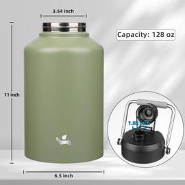 Konokyo 1 Gallon Jug with Handle,128 oz Insulated Water Bottle with Carrying Pouch, Double Wall Vacuum Stainless Steel Metal Bottle,Camp Green