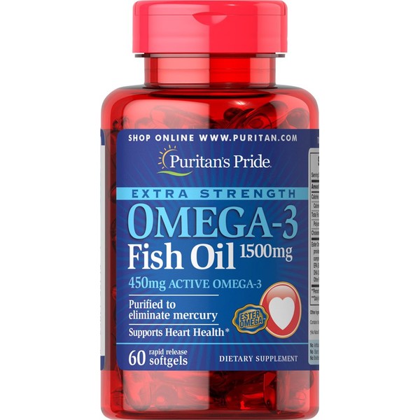 Puritans Pride Extra Strength Omega-3 Fish Oil 1500 Mg 450 Mg Active Omega-3 Softgels, 60 Count