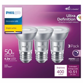 Ultra Definition LED 50-Watt PAR16 Indoor Spotlight Light Bulb, 40-Degree Beam Angle, Dimmable, E26 Medium Base (3-Pack) - Provides A Wide Beam of Bright, White Light for General Purpose Lighting