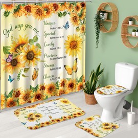 4 PCS Bathroom Shower Curtain Sets Sunflower Bathroom Set Yellow Shower Curtain with Rugs and Toilet Lid Cover Encouraging Bible Verse Floral Bathroom Decor Set Accessories
