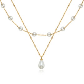 Cicy Bell Womens 18k Gold Plated Necklace Double Layer Teardrop Shell Pearl Delicate Trendy Pendant Necklace Gifts 17.7'' with 2'' Extender