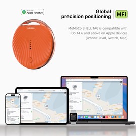 MoMoCo GPS Tracker for Pets – iOS Only No Subscription Required, Portable Real-Time GPS Tracking Device for Dogs, Compatible with Apple Find My, Location Tracker for Vehicles/Keys/Luggage (Orange)