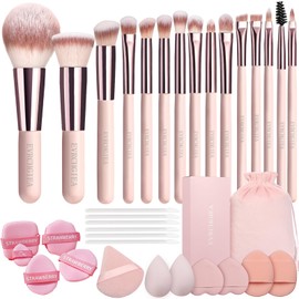 EVRCHGIEA Set de 15 Brochas de Maquillaje de Viaje para Base, Polvos, Correctores Y Sombras de Ojos. Incluye 12 Borlas, Esponjas Y Bolsa (rosa)
