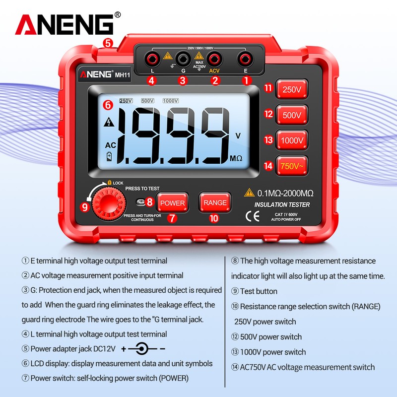 ANENG MH11 Megohmmeter Digital 500V High Voltage Electronic Shaking Table