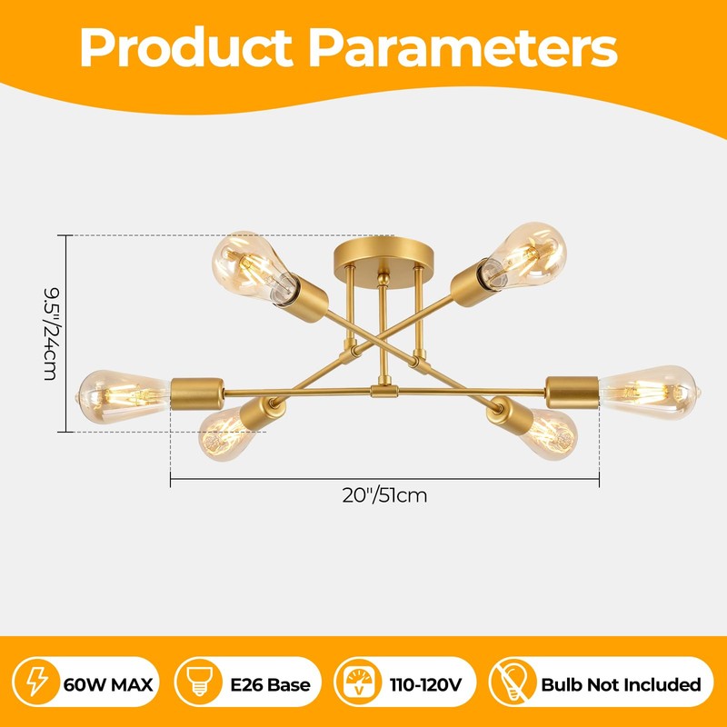 YCZM Modern Sputnik Chandelier, 6-Lights Mid Century Semi Flush Mount