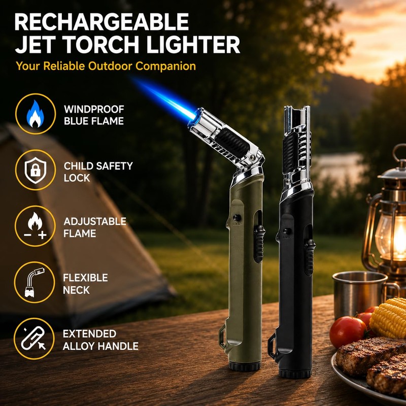 Flexible Neck Torch Lighter, Windproof Jet Flame, Refillable with Safety