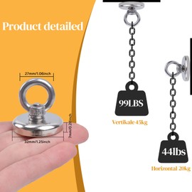 MIN CI Neodymium Magnets 45kg（99lbs）Round Strong Magnets Heavy Duty 32mm Fishing Magnet Large, Rare Earth Magnets With Holes Industrial Magnet with Eye for Hanging Hoisting, 9Pack