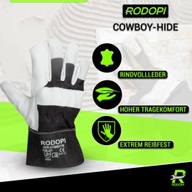 RODOPI Cowboy-Hide Leather Work Gloves for Men and Women Construction Gloves Size 8-11 Cowhide Leather Gardening Gloves Thorn Resistant EN 388:2016 Protective Gloves (1 Pair, 9)