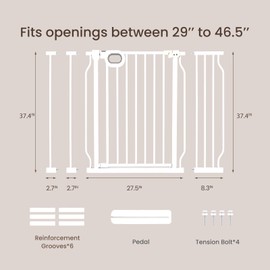 DOVELY White Baby Gate for Stairs & Doorways - 37.4" Tall Dog Gate with Pressure Mounted Auto Close Easy Walk Through Door, 46.5" Extra Wide Baby Gate Safety for Pets and Children