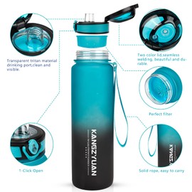 32 OZ Water Bottle, 1 Litre Large Capacity Sport Motivational Water Bottles BPA Free, Tritan Material, Flip Lid, Leakproof Security Lock for Fitness Gym Camping Cycling Traveling Office School (Cyan-blue/Black Gradient)