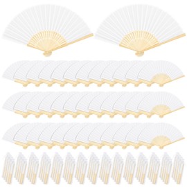 MCEAST 120 Pieces Handheld Fans Silk Bamboo Folding Hand Fans Silk Fabric Folding Fans with Organza Bags for Church Wedding Party Favors Bridal Dancing Props, White