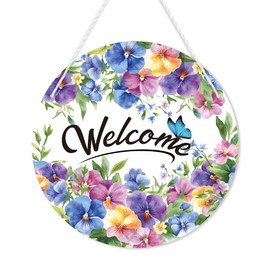 1 Pc Summer Floral Welcome Door Sign, Pansy Flower Butterfly Door Hanging Sign, Spring Summer Holiday Farmhouse Home Porch Window Decor, 11 x 11 inches