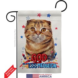 Patriotic Scottish Fold Garden Flag Set with Stand Animals Cat Kitten Meow Spoiled Paw Fur Pet Nature Farm Animal Creature Small Decorative Gift Yard House Banner Double-Sided Made In USA 13 X 18.5