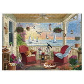 Summer Beach Landscape Puzzle for Adults 1000 Pieces, Cat Puppy Flower Jigsaw Puzzle, Dog Floral Bird Kitten Cozy Ocean Sailboat Puzzle