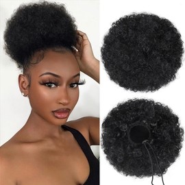 quesdom Afro Puff Ponytail Extension Synthetic Black 80 Grams Afro Puff Drawstring Clip on Kinky Curly Bun for Black Women(1B Black)