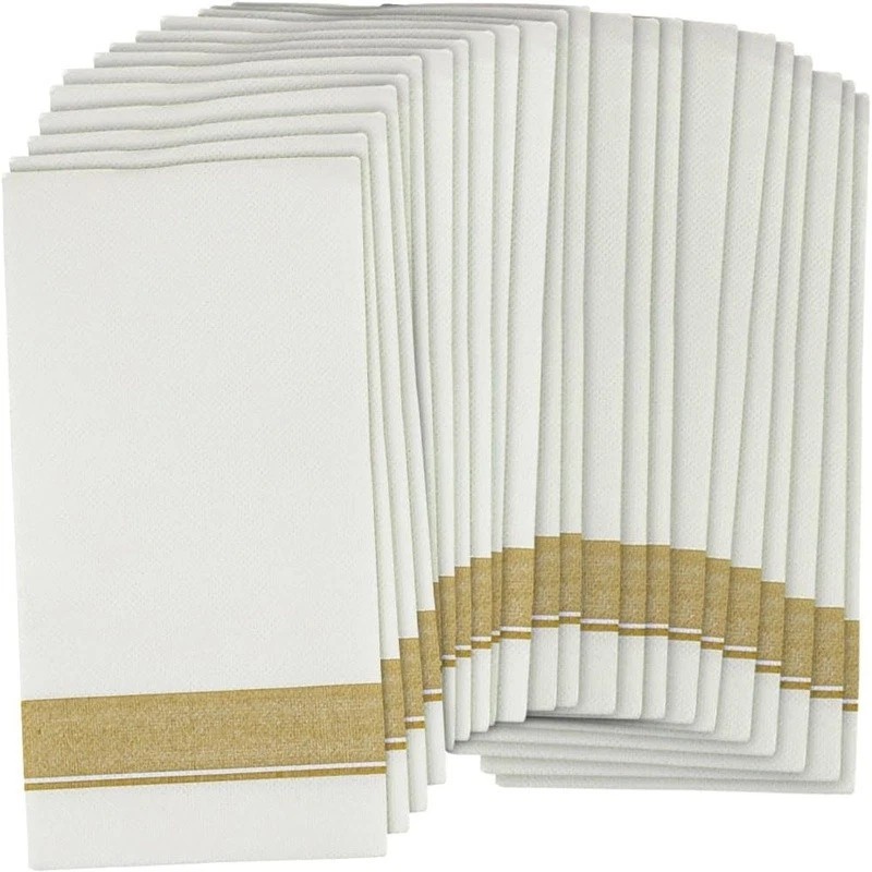 50 Cloth-Like Dinner Napkins Gold Border Disposable Elegant Tableware Events
