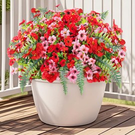 Artificial Fake Flowers Plants Outdoor Spring Decoration,16 Bundles Faux Silk Daisy Look Real UV Resistant Plastic Plant for Outside Planter Pot Front Porch Patio Balcony Garden Yard Decor (Pink Red)