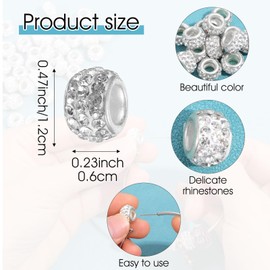 Xindojuz 50 PCS Rhinestone Beads for Jewelry Making, 12mm Large Hole European Rondelle Beads, Crystal Charm Spacer Diamond Hair Bead for European Bracelet Snake Chain Charm Necklace DIY Craft (White)