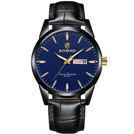 BINBOND Brown Leather Watches for Men Luxury Dress Business with Date Classic Casual Men's Wrist Watches Waterproof Luminous Gift for Men watch  jamtangan G2238 - Color: Black/Blue