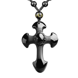 VIKCAUX Black Obsidian Cross Necklace Healing Crystal Stone Talisman Amulet Protection Pendant with Extended Bead Chain Lucky Jesus Cross Necklace for Men Women
