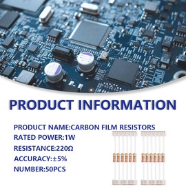 Innfeeltech 50 Pcs 1W 5% Tolerance 220 Ohm Carbon Film Resistor Resistance for DIY Project and Experiments