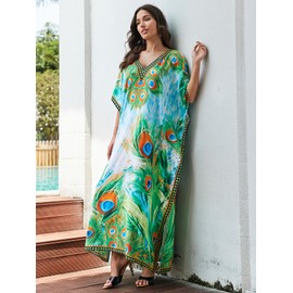 IMAGEKOPE Women's Plus Size Loose Fit Moroccan Print V-Neck Batwing Kaftan Beach Dress Bathing Suit Cover Up