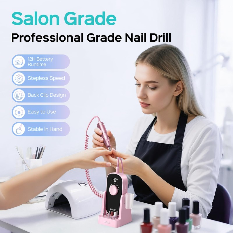 COSLUS Professional Electric Nail Drill：35000RPM, Portable Rechargeable Electric File with