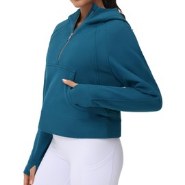 THE GYM PEOPLE Women’s Hoodies Half Zip Long Sleeve Fleece Crop Pullover Sweatshirts with Pockets Thumb Hole Dark Blue Green