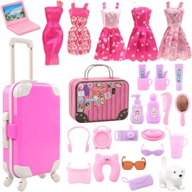 BARWA 32 Pcs Doll Suitcase Luggage Travel Clothes and Accessories for 11.5 inch Girl Doll Travel Carrier Storage, Including 1 Luggage 1 Suitcase 23 Travel toiletries 5 Dresses 1 Puppy 1 Computer…
