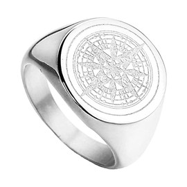 PAURO Men's Ring Stainless Steel Retro Round Compass Signet, Stainless Steel