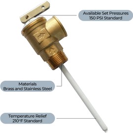 FOGATTI 3/4" NPT Temperature and Pressure Relief Valve Connections for Water Heaters, 210°F 150 PSI Automatic with Extension Probe, Brass body