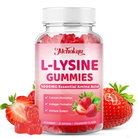 Mchokuu L-Lysine 1000mg Gummies, Chewable Lysine Supplement for Adults & Kids Immune Support, Essential Amino Acid, Vegetarian, Non-GMO, Sugar-Free, Gluten Free, Strawberry Flavor, 60 Counts