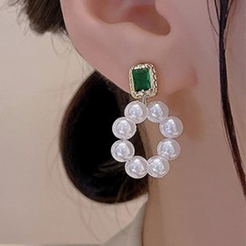 Inateannal Boho Emerald Pearl Crystal Earrings Emerald Green Earrings Gold Pearl Dangle Drop Earrings Green Gemstone Stud Earrings Bridal CZ Pearl Earrings Jewellery for Women and Girls