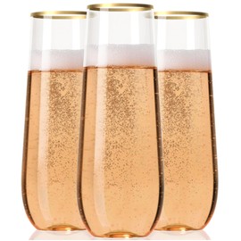 30 Plastic Stemless Champagne Flutes - Disposable Unbreakable 9 Oz toasting glasses, With Gold rim | Reusable, Clear, Fancy & Shatterproof Champagne Glasses - Ideal for Weddings, Birthdays, Parties