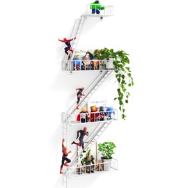 Beskadi Fire Escape Wall Shelf - 4 Tier Metal White Fire Escape Shelf with Baskets, Unique Decorative Wall Shelves for Any Room