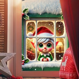 BlissYard Merry Christmas Window Decoration Elf Backdrop Curtain 31x47 Inch Door Cover Hanging Banne Elf In Snowy Winter Scene For Holiday Home Home Wall Garage Door Decoration Photo Banner