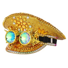 COSDREAMER Women's Burning Man Sequin Hat Festival Military Captain Hats with Goggles (Gold sequins)