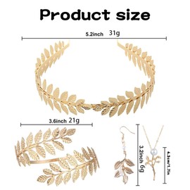 AYNKH Greek Goddess Accessory Set for Women - Includes Golden Laurel Wreath, Earrings, Bangle and Necklace for Greek Goddess Costume, Cleopatra Jewellery, Cleopatra Costume, One size, Metal, Alloy