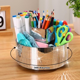 Honeydak Disco Bling Desk Accessories Organizer 5 Slots 360 Sequin Degree Rotating Makeup Brush Storage Box Acrylic Pen Holder Countertop Skincare Organizer Multifunctional for Home Office School Gift
