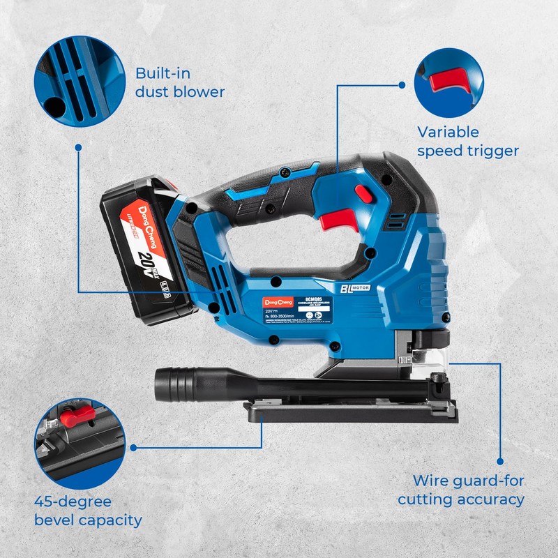 Dong Cheng 20V Brushless Jigsaw, 26mm Stroke, 800-3500 SPM, 0-45°
