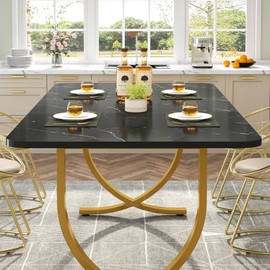 LITTLE TREE Dining Room Table, Kitchen Table with Faux Marble Table Top and Gold Metal Legs
