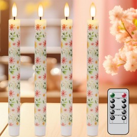 GenSwin Taper Candles Battery Operated with Remote, 4 Pack Spring Flameless Taper Candles with Flower Decals, Real Wax LED Candlesticks for Spring Home Decorations(Yellow Flower, 0.75”x9.65”)
